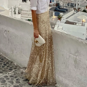 Eleganter goldener Paillettenrock mit hoher Taille für Damen ideal für Abendveranstaltungen