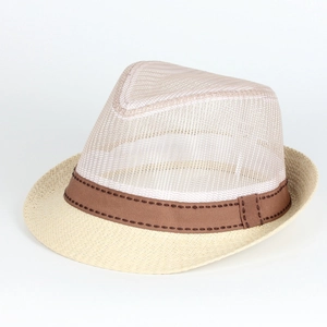 Detail of summer fedora with white mesh crown, straw brim, and brown ribbon band