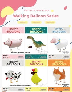 Detail view of walking animal foil balloons showing pig, duck and dog styles in sizes