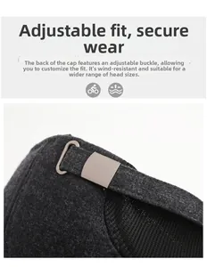 Detail of adjustable metal buckle and thick wool texture on winter baseball cap