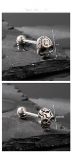 Detailed view of skull tongue rings with precise measurements and gothic silver finish