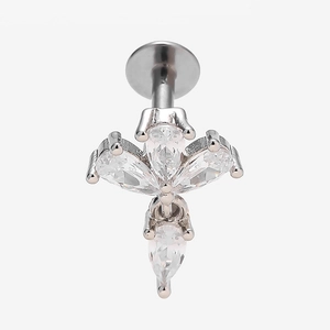 Close-up of 316L stainless steel flat back stud with marquise and pear cut zircons