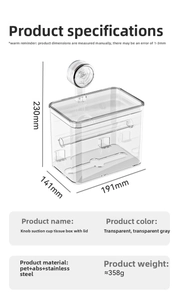 Technical dimensions of waterproof PET wall tissue box with suction cup mount