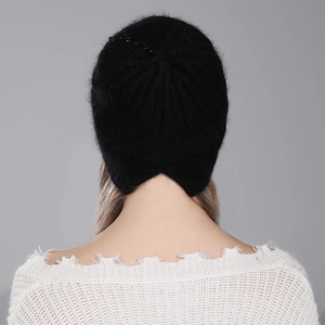 Chic black rabbit fur knit beanie for women with elegant pearl embellishments and warm texture
