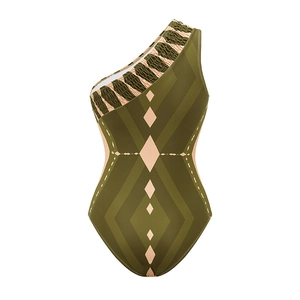 Detail of olive green geometric diamond print and ruched shoulder on one-piece swimsuit