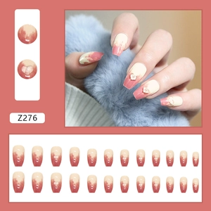 Pink and cream gradient short ballet press-on nails with 3D heart gems and 24pc set