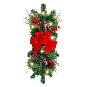 Christmas LED teardrop swag with pine branches, red velvet bows, berries and pinecones