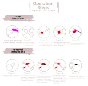 Illustrated guide showing application and removal steps for almond press-on nails