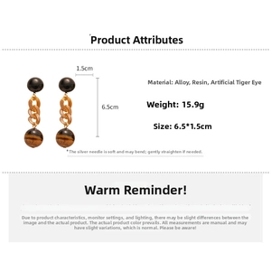 Retro resin chain drop earrings with faux tiger eye stone showing dimensions and weight
