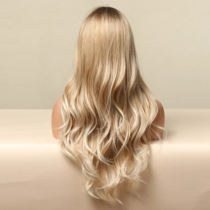 Close-up of ombre blonde long wavy synthetic wig with natural dark roots on a mannequin