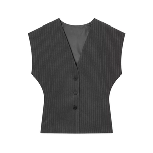 Detailed view of dark grey pinstripe vest with classic V-neck and three-button closure