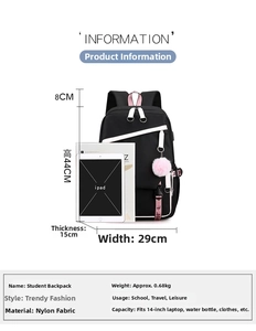 Detailed sizing chart of the nylon school backpack with height, width, and depth parameters
