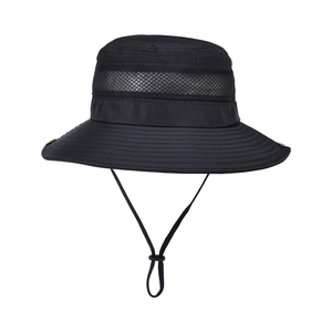 Black outdoor sun hat with wide brim, breathable mesh panels and adjustable chin strap