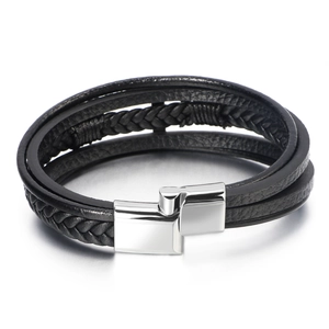 Men's multilayer braided leather cross bracelet with a secure metal magnetic clasp