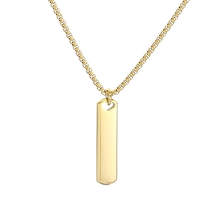 Gold minimalist rectangular bar pendant necklace with polished finish and metal link chain