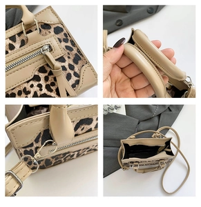 Detalles de bolso con estampado de leopardo, herrajes plateados y costuras finas