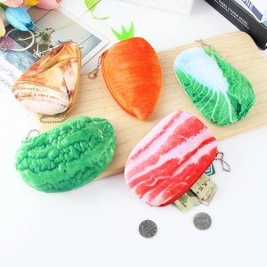 Detailed set of 5 plush food-shaped coin purses with metal chain and zipper closure
