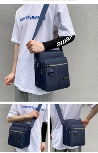 Front and back views of a dark blue nylon crossbody bag with adjustable strap and zip pockets