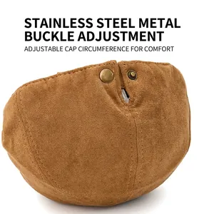 Brown retro newsboy hat with adjustable bronze metal buckle and premium suede texture