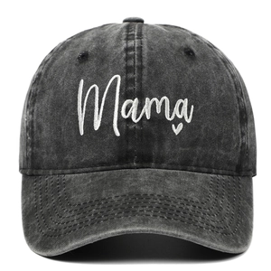 Vintage washed dark grey denim baseball cap with white Mama embroidery and heart