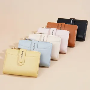 Short PU leather zipper wallets for women in various macaron colors with snap closure
