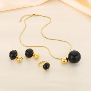 Detailed set of 18K gold-plated snake chain necklace, earrings, and ring with black beads
