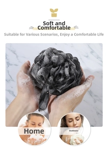 Detail of soft black bamboo charcoal bath sponge with rich foam for body cleaning