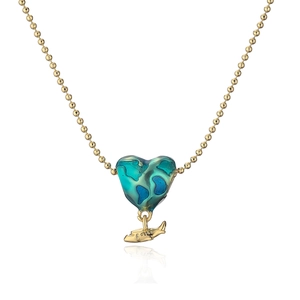 Gold-plated heart globe necklace with blue enamel world map and small plane charm