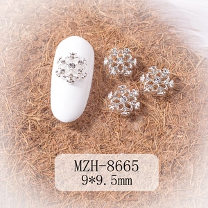 Detail of silver snowflake nail charms with rhinestones measuring nine by nine millimeters