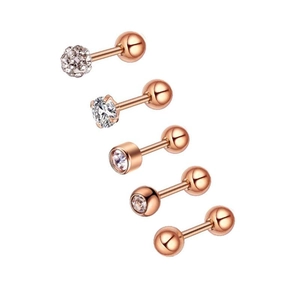 5-piece rose gold geometric stainless steel stud earrings set with sparkling zircon stones
