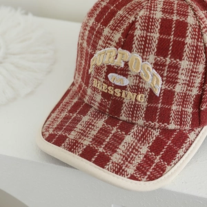 Red and white plaid wool baseball cap with Purpose embroidery for children