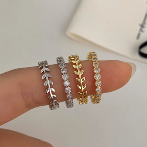Leaf Ring And Eternity Micro Pave Adjustable Copper Rings With Cubic Zirconia Inlay Simple Chic Jewelry Gift For Women