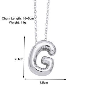 Detail showing silver letter G balloon necklace dimensions and 45cm chain length specs