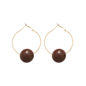 Minimalist golden hoop earrings featuring smooth dark brown resin spherical charms