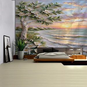 Tapiz de pared 3D con paisaje de amanecer costero y flores blancas en relieve decorativo