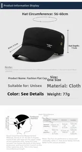 Size chart for flat top military cap with 6.5cm brim and adjustable 56-60cm headband