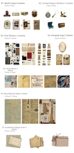 Dettagli di forniture per scrapbooking vintage con adesivi ed elementi in carta invecchiata
