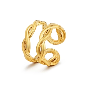 Golden double-layer twisted rope adjustable open ring in polished stainless steel
