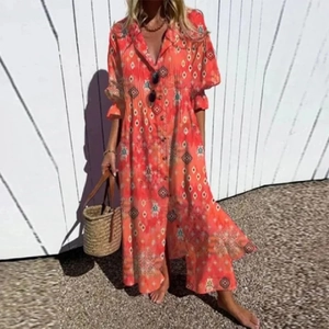 Bohemian oranjerode maxi-jurk met V-hals, etnische print en lange pofmouwen
