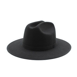 Classic black wide brim wool fedora hat with matching ribbon band for men and women