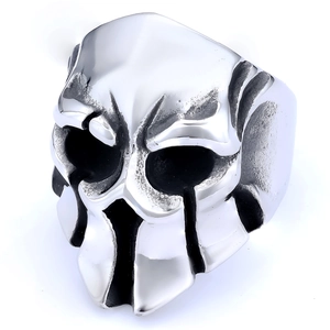 Retro punk Spartan warrior helmet skull ring for men in polished silver finish metal