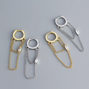 925 Sterling Silver Hoop Earrings With Double Chain Tassel Rectangular Zircon Dangle Elegant Fashion For Women