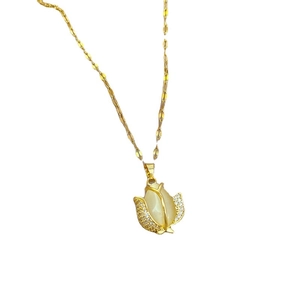 Gold tulip necklace with cat eye stone and diamonds on a minimalist chain for women