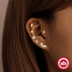 S925 sterling silver gold crown cartilage stud set featuring marquise and star designs
