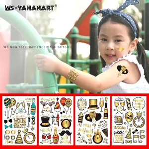 Waterproof gold foil New Year party tattoo stickers with festive champagne and clock designs