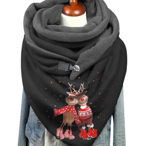 Thick black Christmas hooded shawl with reindeer print and clip buckle on denim jacket