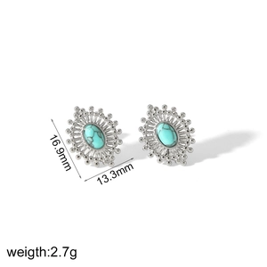 Vue détaillée de boucles d'oreilles vintage argentées avec turquoise et motif perlé