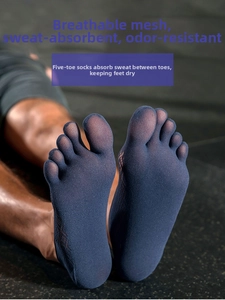 Detail of dark blue five-toe socks featuring breathable mesh fabric for moisture wicking