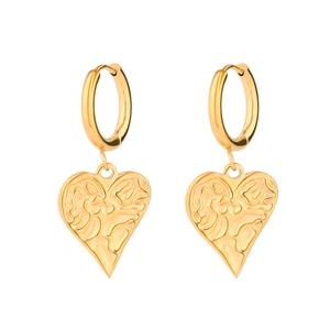 Polished 18K gold plated heart charm hoop earrings with elegant textured relief finish