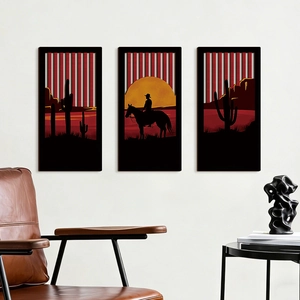 Set of 3 rustic Western cowboy wood wall art with cactus and sunset on white wall